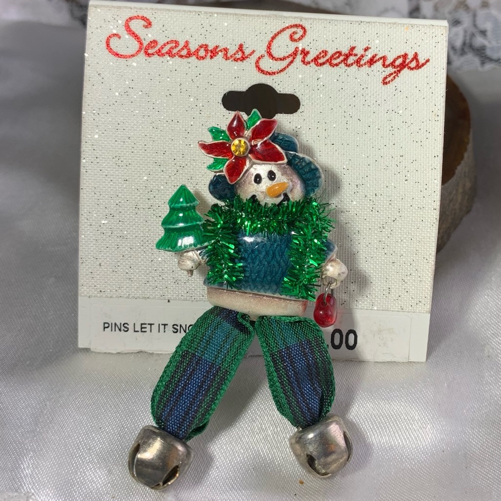 Festive Snowman Brooch with Green and Red Accents